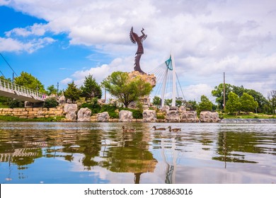 WICHITA, KANSAS - AUGUS 30, 2018: The confluence of the Arkansas and Little Arkansas River at the Keeper of the Plains near downtown Wichita.