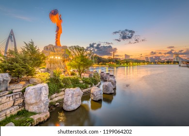 WICHITA, KANSAS - AUGUS 31, 2018: The confluence of the Arkansas and Little Arkansas River at the Keeper of the Plains near downtown Wichita at dawn.