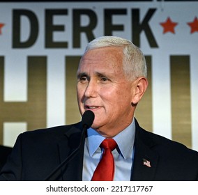 WICHITA, KANSAS, USA - OCTOBER 21, 2022
Former United Sates Vice President Mike Pence (R) Addresses A Crowd Of GOP Supporters During A Rally For Kansas Attorney General Derek Schmidt For Governor