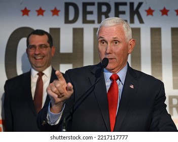 WICHITA, KANSAS, USA - OCTOBER 21, 2022
Former United Sates Vice President Mike Pence (R) Addresses A Crowd Of GOP Supporters During A Rally For Kansas Attorney General Derek Schmidt For Governor