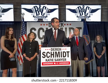 WICHITA, KANSAS, USA - OCTOBER 21, 2022
Kansas Attorney General Derek Schmidt The Republican Gubernatorial Candidate Addresses A Crowd Of GOP Supporters During A Rally At BandC Barbecue. 