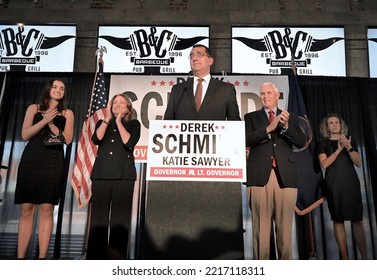 WICHITA, KANSAS, USA - OCTOBER 21, 2022
Kansas Attorney General Derek Schmidt The Republican Gubernatorial Candidate Addresses A Crowd Of GOP Supporters During A Rally At BandC Barbecue. 