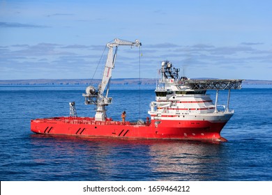 WICK, SCOTLAND - 2017 MARCH 23. Offshore Crane Vessel Siem N Sea With The Crane High Above The Deck.