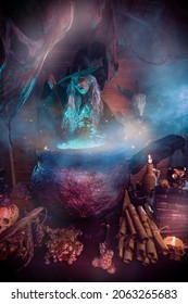 A wicked ugly witch brewing a magic potion in her dark, covered by cobweb lair. Halloween. Dark witchcraft.