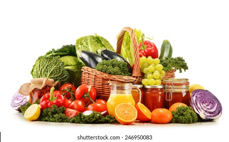 Wicker basket with assorted organic vegetables and fruits  isolated on white - Shutterstock ID 246950083
