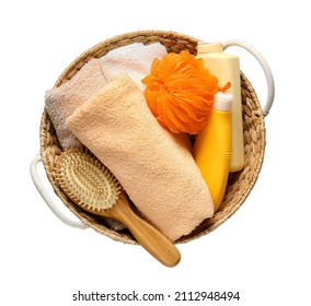 Wicker basket with bath supplies isolated on white background - Powered by Shutterstock