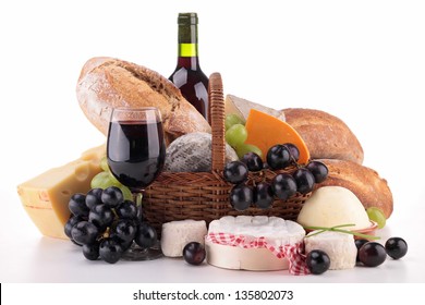 Wicker Basket With Bread, Cheese And Wine