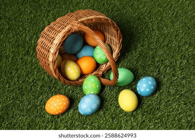 Wicker basket with decorated Easter eggs on green grass
