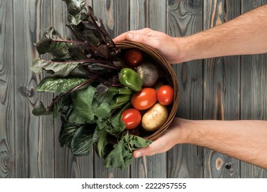 Wicker basket with different fresh farm vegetables on gray wooden table. Human hands hold bowl full of ripe harvest. Food or healthy diet concept. Vegetarian. Nitrate free nutrition. - Shutterstock ID 2222957555