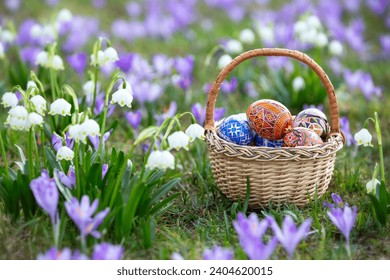 Wicker basket with Easter eggs. A lawn covered purple flowers of crocuses with the blurred background of green grass.Floral spring landscape - Powered by Shutterstock