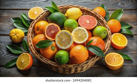 A wicker basket filled with fresh citrus fruits, including lemons, limes, oranges, grapefruits, and a variety of leafy greens, arranged on a rustic wooden surface. - Powered by Shutterstock