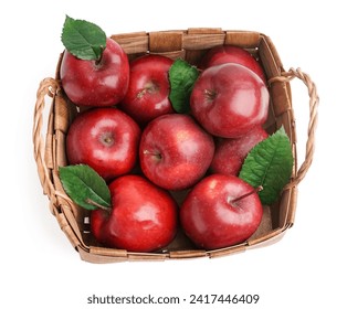 Wicker basket with fresh red apples and leaves on white background - Powered by Shutterstock