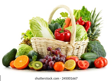 Wicker basket with groceries isolated on white background - Shutterstock ID 245001667