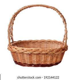 A Wicker Basket With Handle,  Isolated On White Background