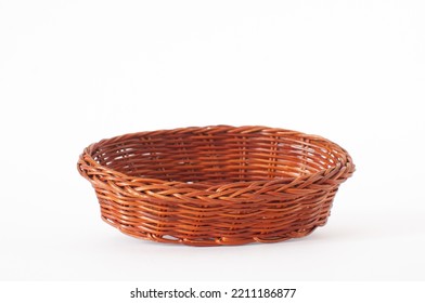 Wicker Basket, Profile View Of Vintage Weave Wicker Basket With Shallow Depth Of Field On Front. Isolated On White Background.