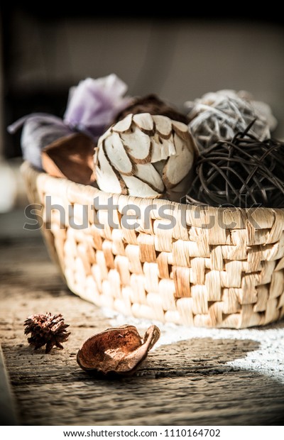 Wicker Basket Rattan Balls Wooden Decoration The Arts Stock Image