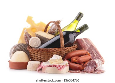 Wicker Basket With Sausage, Wine And Cheese