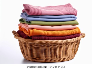 Wicker basket with a stack of colorful  clothes on a white background. Clean, folded, stacked colorful blue, pink, white, green, lilac,  yellow, orange, clothes in a wicker basket isolated.