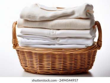 Wicker basket with a stack of white clothes on a white background. Clean, folded, stacked clothes in a wicker basket isolated.