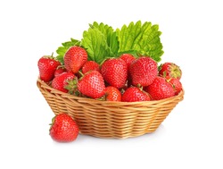 Wicker Basket With Tasty Red Strawberries On White Background