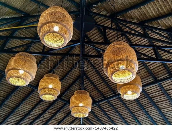 Wicker Basketry Ceiling Light Hanging On Stock Photo Edit Now