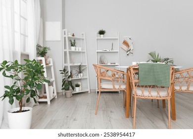 Wicker chairs, shelving units and different houseplants near white wall in interior of stylish kitchen - Powered by Shutterstock