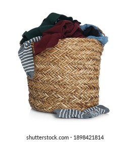 Wicker Laundry Basket With Clothes Isolated On White