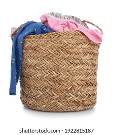 Wicker Laundry Basket With Clothes Isolated On White