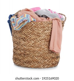 Wicker Laundry Basket With Clothes Isolated On White