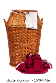 Wicker Laundry Basket Or Hamper Full With Dirty Clothes  Over White Background