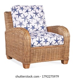 Wicker Outdoor Armchair Isolated On White. Side View Dining Loose Back Chair With Fabric Cushion Seat. Patio Furniture. All-Weather Outdoor Weave Rattan Loveseat