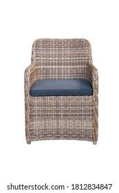 Wicker Outdoor Armchair Isolated On White. Side View Dining Loose Back Chair With Fabric Cushion Seat. Patio Furniture. All-Weather Outdoor Weave Rattan Loveseat.