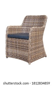 Wicker Outdoor Armchair Isolated On White. Side View Dining Loose Back Chair With Fabric Cushion Seat. Patio Furniture. All-Weather Outdoor Weave Rattan Loveseat.