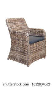 Wicker Outdoor Armchair Isolated On White. Side View Dining Loose Back Chair With Fabric Cushion Seat. Patio Furniture. All-Weather Outdoor Weave Rattan Loveseat.