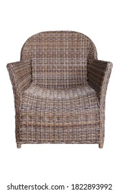 Wicker Outdoor Armchair Isolated On White. Side View Dining Loose Back Chair With Fabric Cushion Seat. Patio Furniture. All-Weather Outdoor Weave Rattan Loveseat.