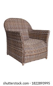 Wicker Outdoor Armchair Isolated On White. Side View Dining Loose Back Chair With Fabric Cushion Seat. Patio Furniture. All-Weather Outdoor Weave Rattan Loveseat.