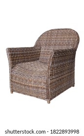 Wicker Outdoor Armchair Isolated On White. Side View Dining Loose Back Chair With Fabric Cushion Seat. Patio Furniture. All-Weather Outdoor Weave Rattan Loveseat.