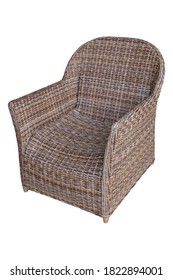 Wicker Outdoor Armchair Isolated On White. Side View Dining Loose Back Chair With Fabric Cushion Seat. Patio Furniture. All-Weather Outdoor Weave Rattan Loveseat.