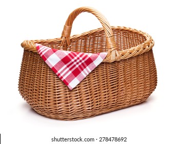 Wicker Picnic Basket With Red Checked Napkin, Isolated On The White Background.