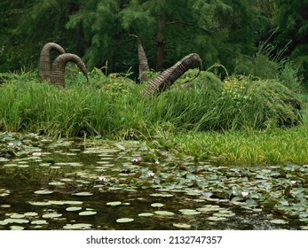 Wicker sculptures by the pond in the Arboretum in Bolestraszyce, Poland - Powered by Shutterstock