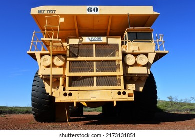 WICKHAM, WA - JUNE 06 06 2022:Dump truck in Wickham mining town, Western Australia. Mining industry in the state, accounted for 46% of Australia's income from total merchandise exports in 2019Ð20.