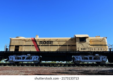 WICKHAM, WA - JUNE 06 06 2022:Iron ore train engine in Wickham, Western Australia. Mining industry in the state, accounted for 46% of Australia's income from total merchandise exports in 2019Ð20.