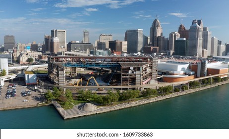 Wide Aerial Image Of Skyline And Joe Louis Arena Demolition