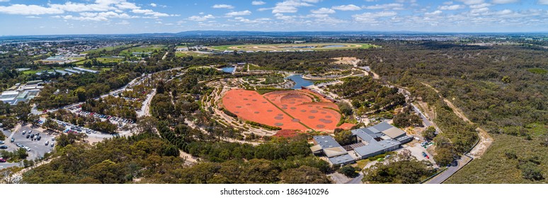 Wide Aerial Panorama Of Australian Desert Display At Royal Botanic Gardens In Cranbourne, VIctoria, Australia