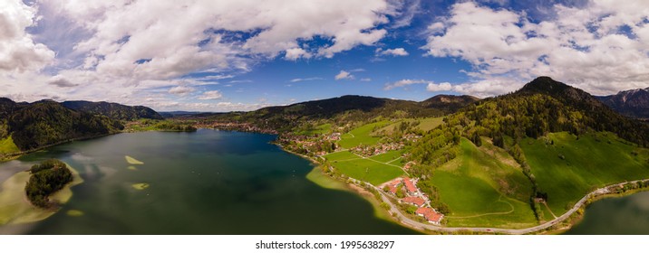 A wide aerial Panorama of laA wide aerial Panorama of lake Schliersee and surrounding mountains in Bavaria. High quality photoke Schliersee and surrounding mountains in bavaria. High quality photo.