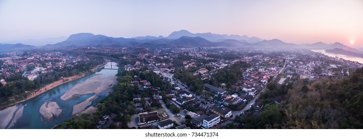 Wide Aerial Panorama Over Luang Prabang City, Mekong And Nam Khan Rivers, Laos