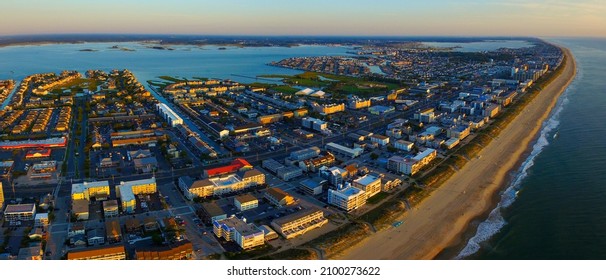 Wide Aerial Shot Of Ocean City Maryland Looking North At Sunrise 