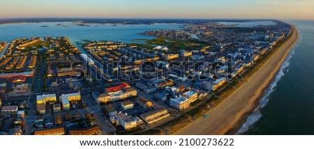 Wide Aerial Shot of Ocean City Maryland Looking North at Sunrise 