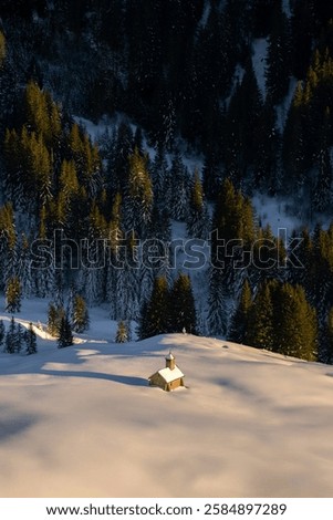 Similar – Foto Bild Kapelle auf schneebedecktem Berg zur goldenen Stunde bei Sonnenaufgang