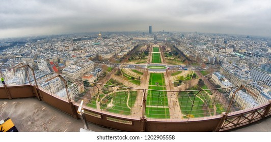 Wide angle aerial view of Paris skyline as seen from top of Eiffel Tower.